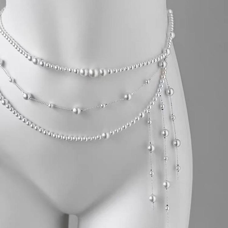 Adjustable Fit Multilayer Pearl Waist Chain 1Pc Retro Y2K Designer Women's Belt for All Body Types Daily Wear