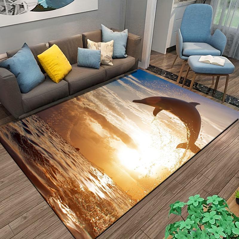 Dolphin Jumping In Sunset Ocean Scene, Decorative Carpet Design Suitable for Use As an Anti-slip for Living Room Bedroom Sofas