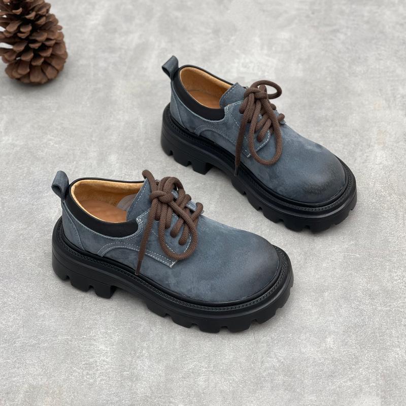 New Retro Shoes, Thick-soled Casual Lace-up Soft Leather Round Toe Shoes for Women