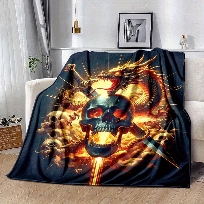 1pc Dragon and Skull Printing Lightweight Flannel Blanket, Comfortable and Warm Blanket, for Camping Sofa Bed and Couch Office, Gift