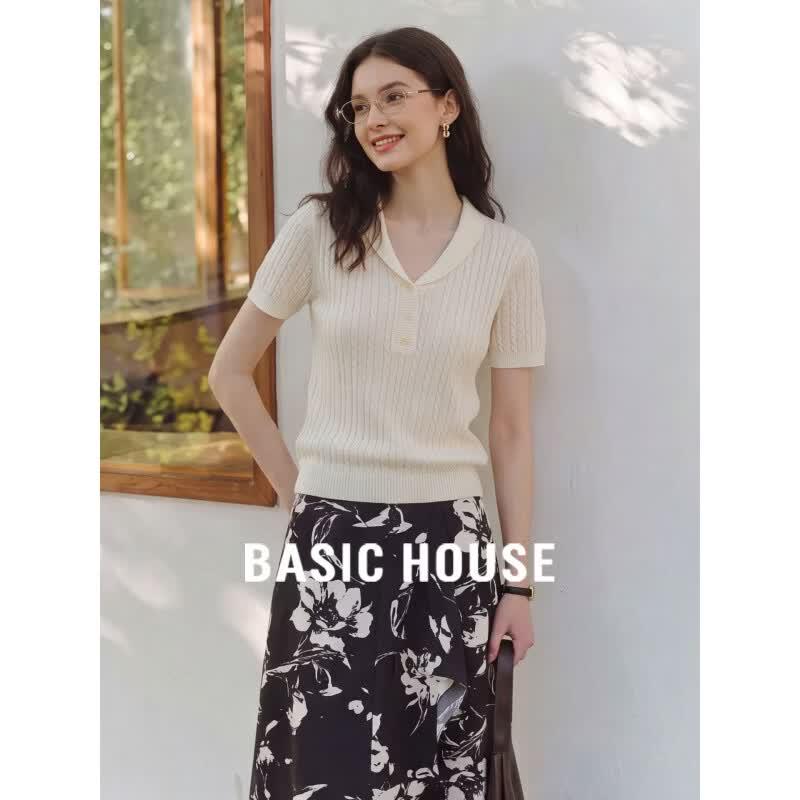 Basic House Women s Tencel Half-Open Collar Knit Top M