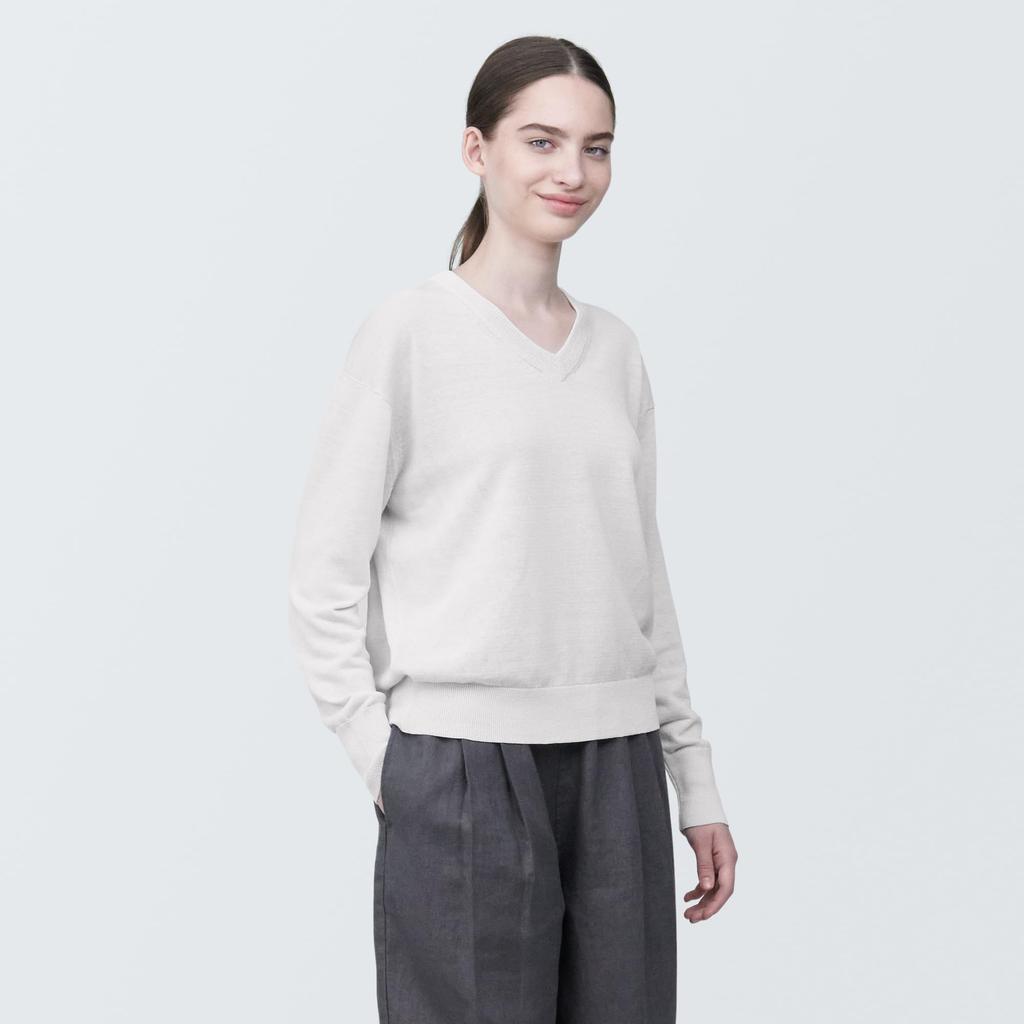 MUJI Women's UV-Cut Hemp Blend V-Neck Sweater, Light Gray, Size M (BA1OHA4S)