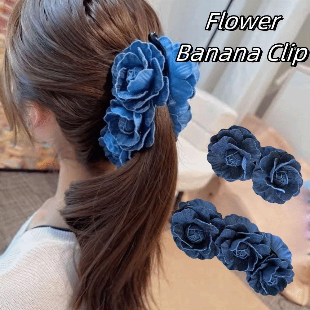 Denim Blue Flower Banana Clips Camellia Floral Twisted Hair Clip Sweet Women Vertical Clip  Spring