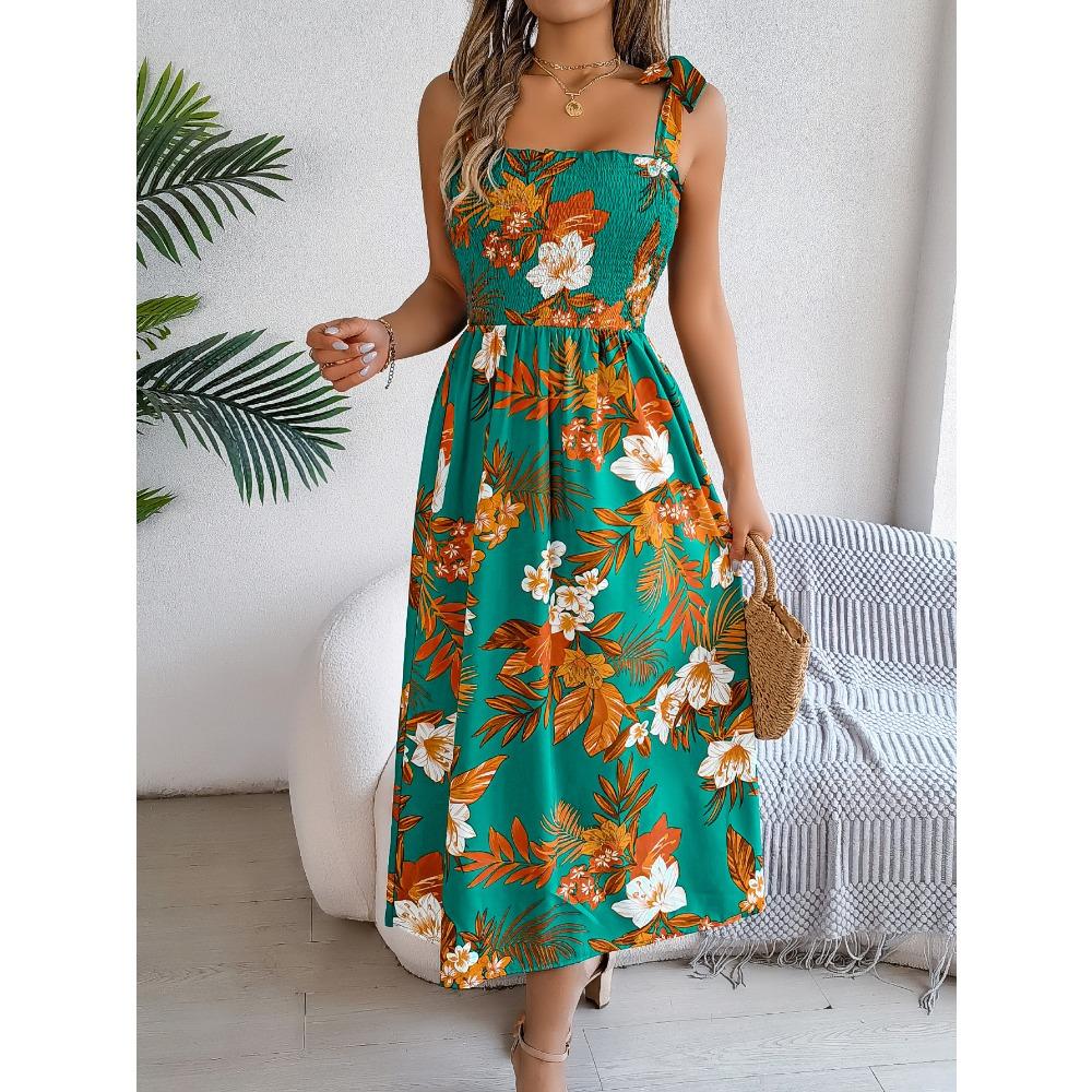 Frühlings- und Sommer-Blumen-Bindegürtel-Trägerrock Urlaub Strand Langer Rock Mode Damen Langer Rock