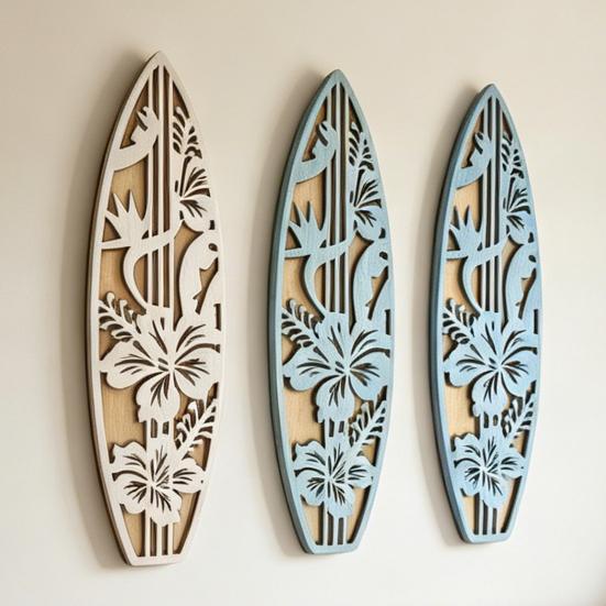 3 Pcs Wooden Surfboard Wall Decor Hollow Flowers Wall Art Beach Ocean Boho Wall Hanging Ornaments for Living Room Bedroom