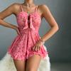 European and American Women's Clothing Sex Net Clothes Printed Suspender Hollow Cute Girl Pink Suspender Nightdress Perspective Set