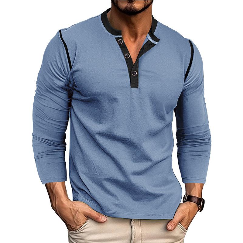 Men's Contrast Piping Raglan Henley Shirt Placket Long Sleeve Slim Casual Vintage Tee