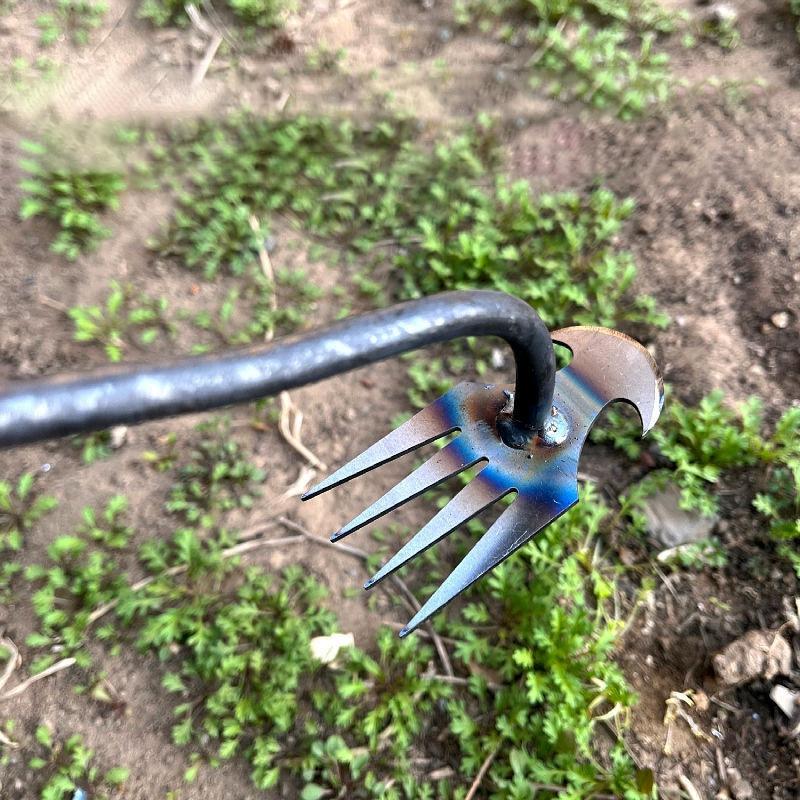 2-in-1-Gartenwerkzeug: Handrechen mit 4 Zinken, Unkraut- und Graswurzelspaten aus Manganstahl zum Auflockern des Bodens, Gartenhandwerkzeug