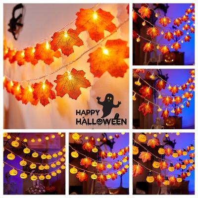1.5m 10pcs 6.5m 30pcs Led Simulation Maple Leaf Pumpkin Lantern String Thanksgiving Halloween Solar Battery Decoration Lights
