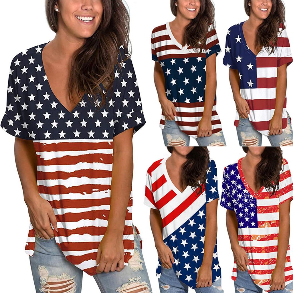 Independence Day Women's Casual V-Neck Loose Short Sleeve T-Shirt Blouse Tops