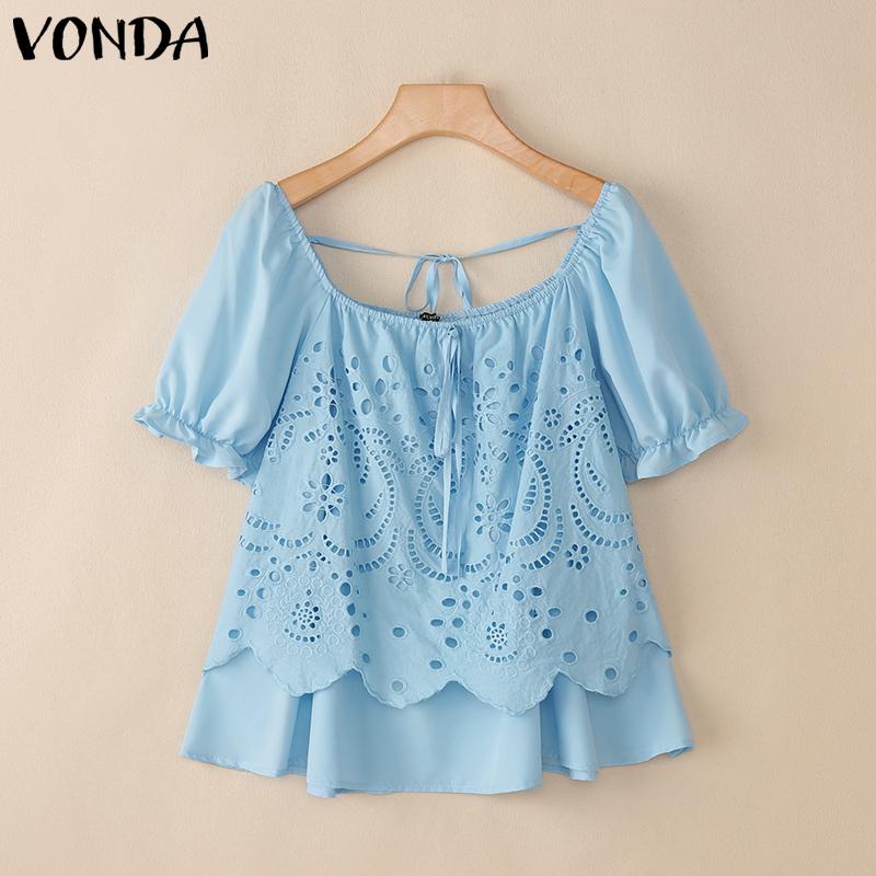 

VONDA Женская блузка с кулиской, шнуровкой на шее, короткими рукавами, крючком, многослойная, повседневная 5XL синий