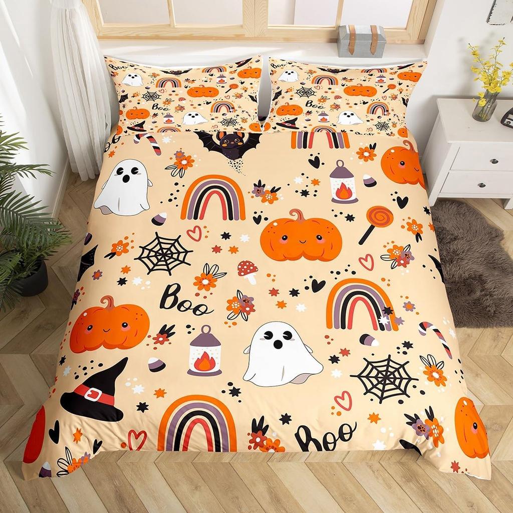Cartoon Ghost Duvet Cover Scary Halloween Theme Bedding Set Spooky Pumpkin Comforter Cover Skull Skeleton Bed Cover Twin Queen