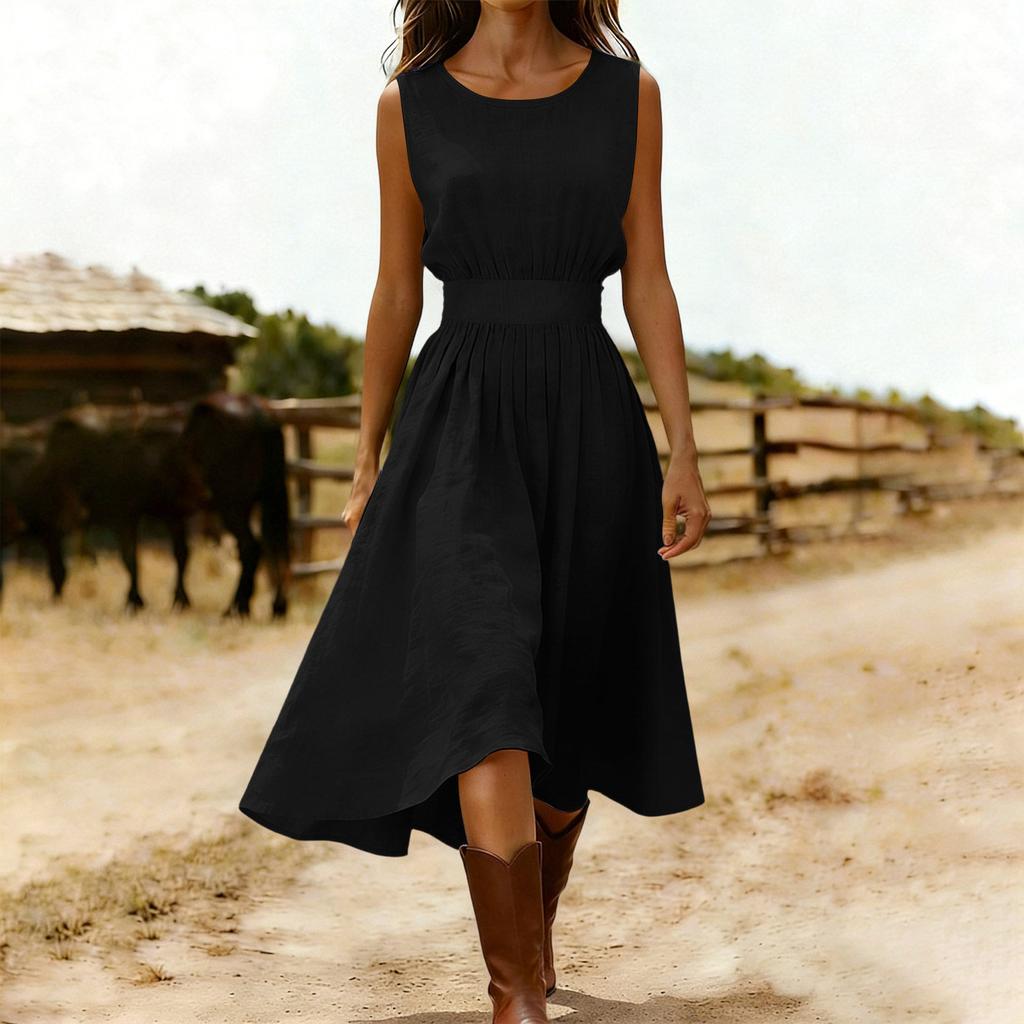 Sleeveless Midi Dress for Women Crew Neck Casual Fit and Flare Solid A Line Dress with Elastic Waist for Daily Wear