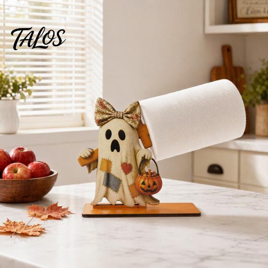 Halloween Paper Towel Holder Wooden Holder, Cute Patchwork Ghost Napkin Stand, Party Supplies Rustic Roll Dispenser for Kitchen Dining Table