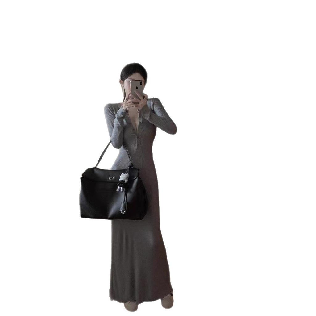 High-end Korean Version of Long-sleeved Knitted Dress, Slim-fitting Temperament Hip-wrapped Skirt, Casual Waist and Thin Skirt