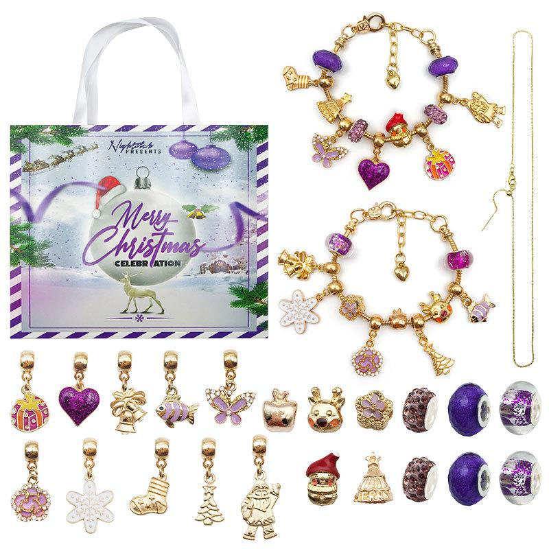 Contagem Regressiva para o Natal: Caixa de Presente Roxa com Calendário de Pulseira de Contas Douradas/Prateadas DIY