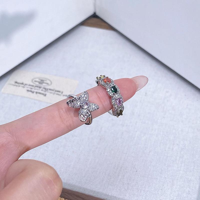 [Butterfly Diamond Qicai] Dopamine Contrasting Color Diamond Zircon Butterfly Opening Ring Super Flash Light Luxury Advanced Sense Ring