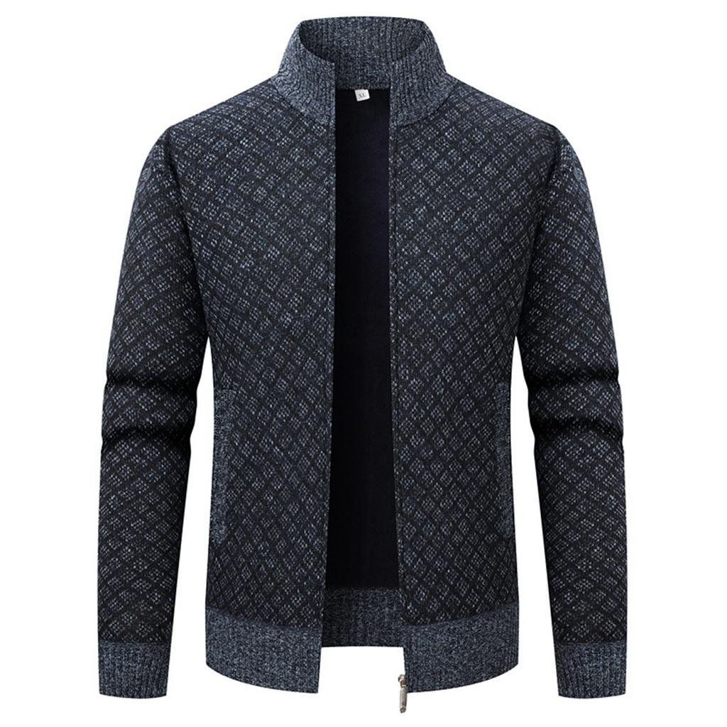 Men's Stand Collar Plus Velvet Thickened Long Sleeve Cardigan Knitted Jacket Men's Warm Sweater