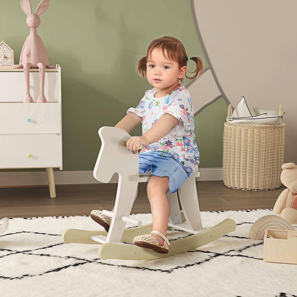 Wooden Rocking Horse - Rocking Toy With Handles, Footrest and Stops - White MDF Plywood and Natural Wood