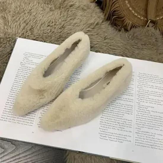 Pointed Toe Fur Ballet Flat Woman Shoes Winter Warm Plush Shallow Loafer Ladies Concise Furry Heeled Dress Shoes  Mujer