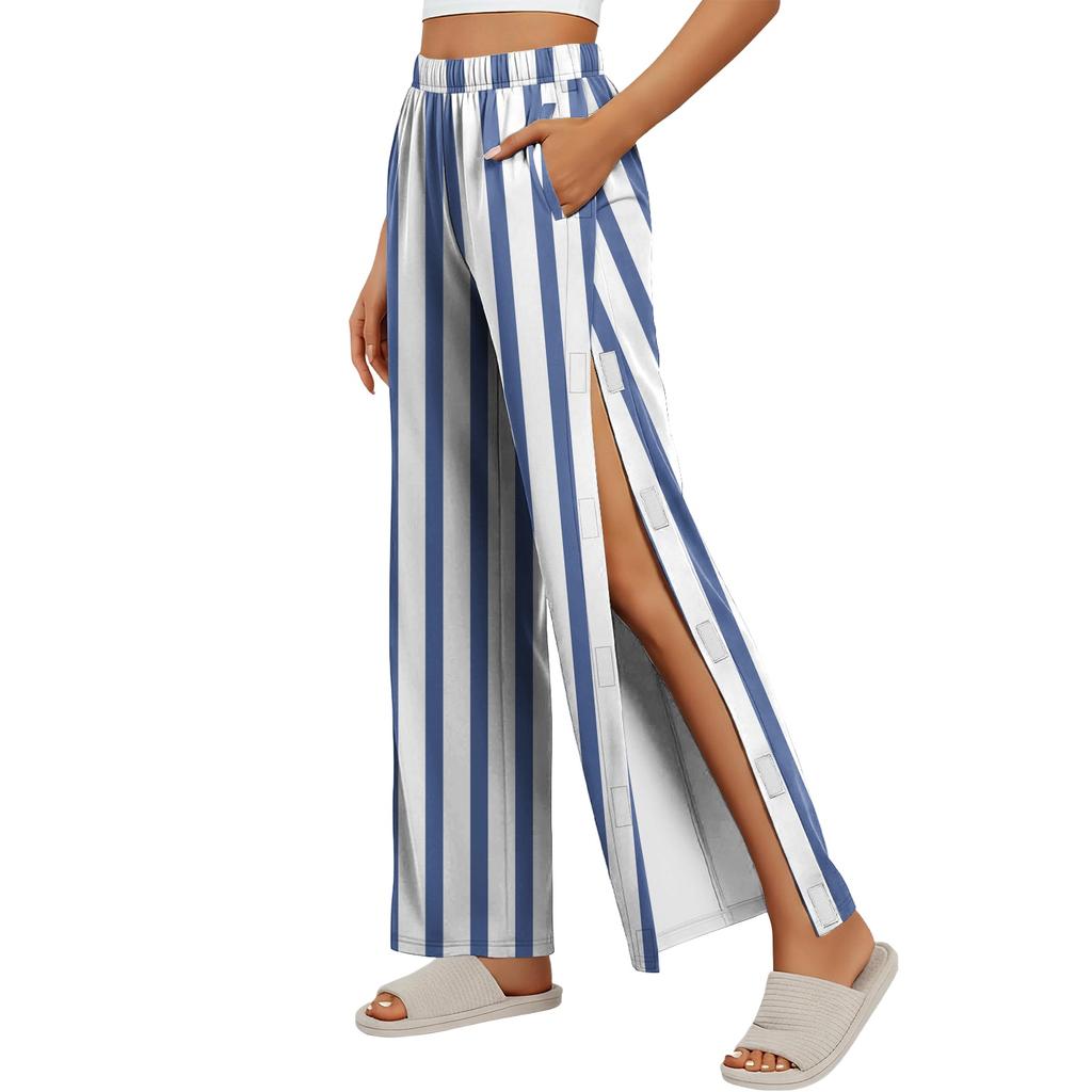 Women Striped Side Hook and Loop Closure Easy Open Post Surgery Recovery Pants Elastic Waistband Long Length Medical Care Trousers