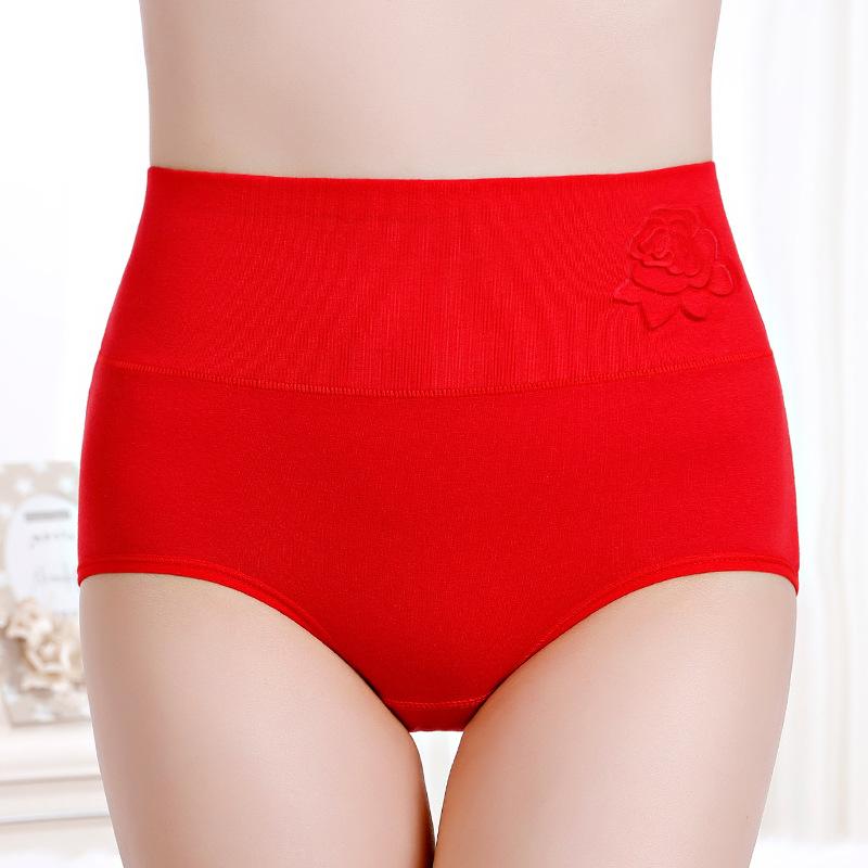 Ladies Spring and Autumn Pure Cotton Wedding Red High Waist Belly Briefs