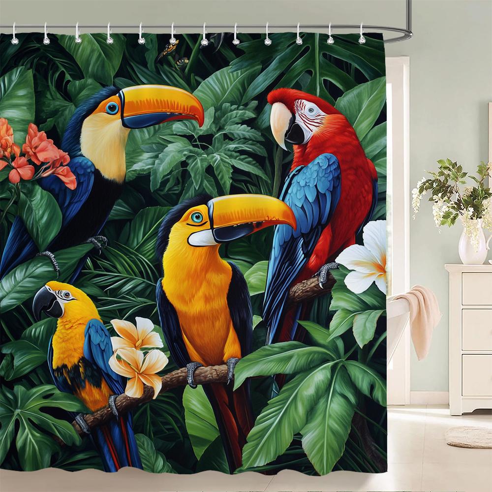 Tropical Plants, Flowers and Birds Shower Curtain for Bathroom Plant and Floral Decorative Shower Curtains with Hooks