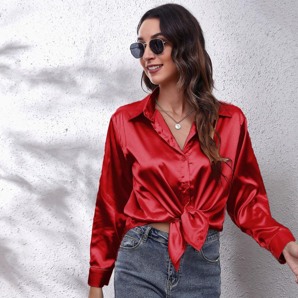 . Real Shot, Satin Shirt, Women's Satin Imitation Silk Long-sleeved Shirt, New European and American Women's Clothing
