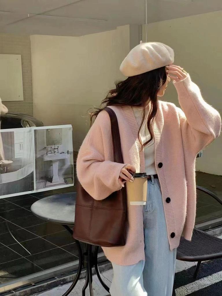 2025 Jaro/Podzim Dámský Volný Červený Pletený Kardigan - Korejský Styl Všestranný Svršek Svetr