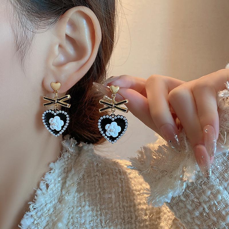 2024 Silver Needle Camellia Bow Heart Stud Earrings
