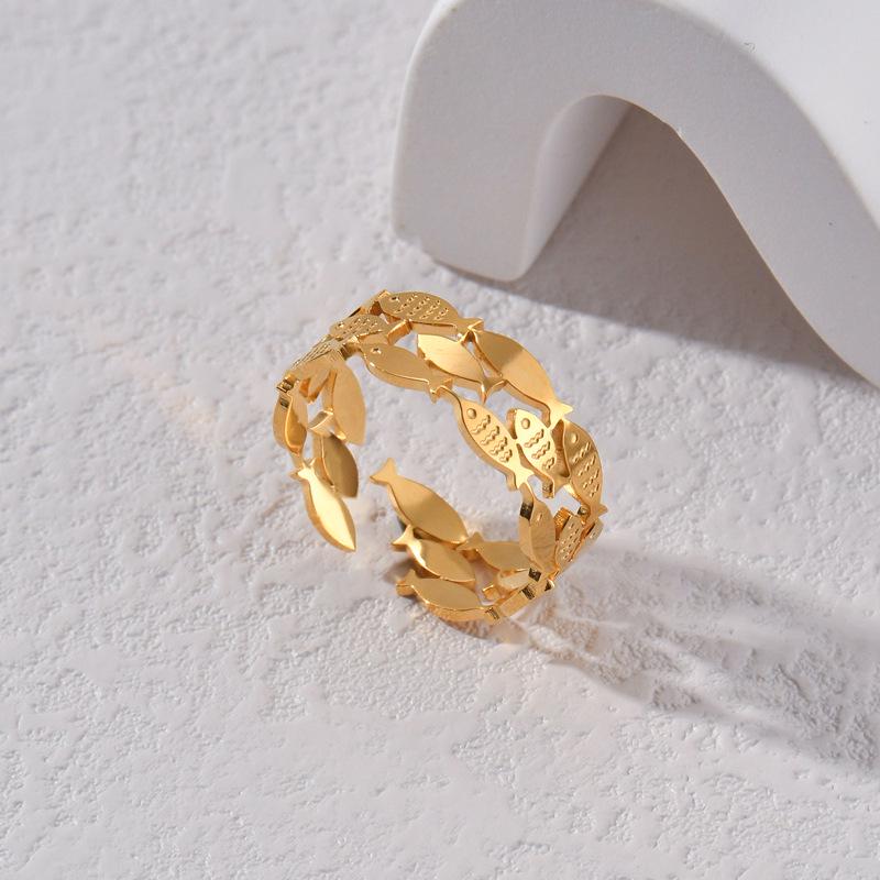 18K Gold Hollow Triple-Layer Fish Ring, Titanium Steel, Adjustable Open Band, Stylish & Personalized Design for Women
