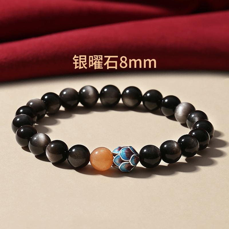 Obsidian Cloisonné Meditation Lotus Bracelet for Men and Women, Buddhist Bead Single-Loop Couple's Bracelet