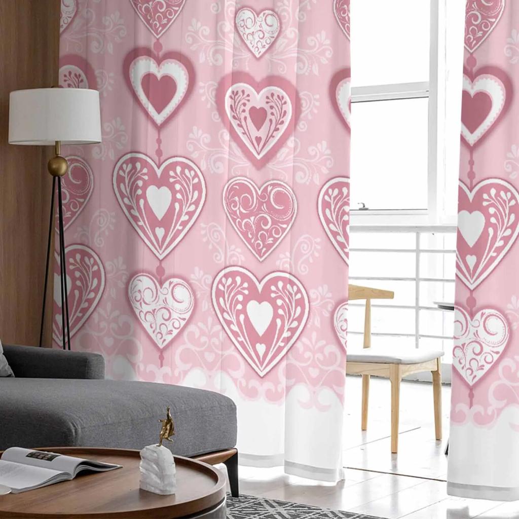 Valentinstag-Liebe, rosa Tüllvorhänge für Wohnzimmer, durchsichtiger Vorhang für Schlafzimmer, Küche, Jalousien, Voile-Vorhänge