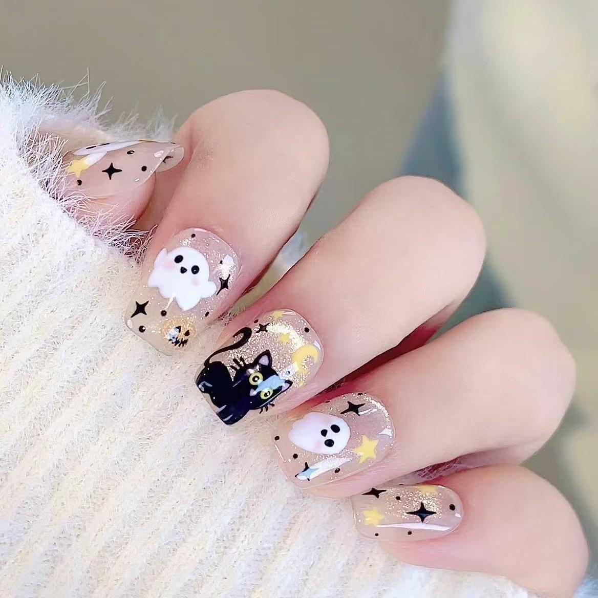 Autumn Winter Cute Ghost Cat Eye Glitter Handmade Short Manicure Nails Extra Small