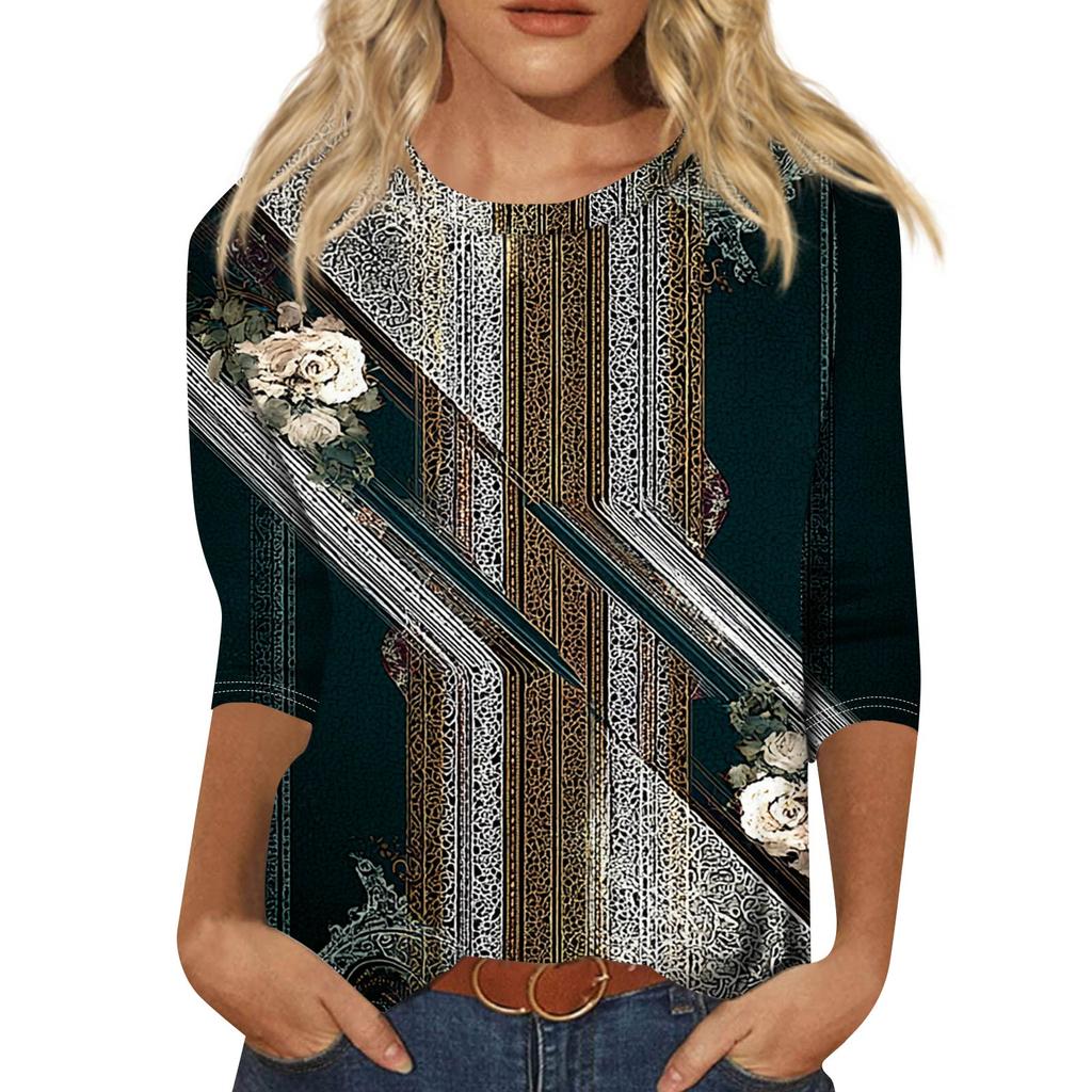 Módní vintage top s 3/4 rukávem pro ženy, dámská ležérní halenka s tříčtvrtečním rukávem a kulatým výstřihem s potiskem