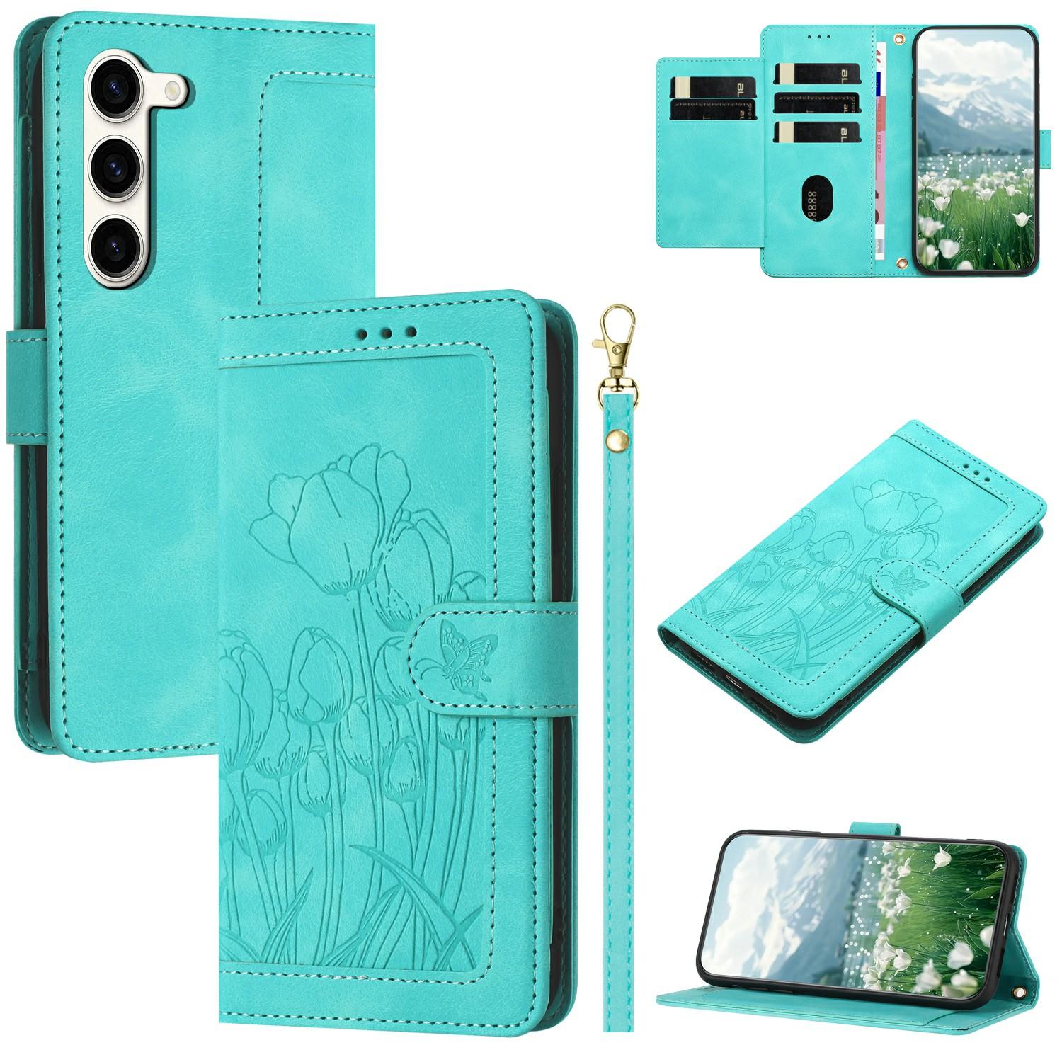 

For Samsung Galaxy S23+ Case Tulip Leather Phone Cover with 5 Card Slots Wallet Green