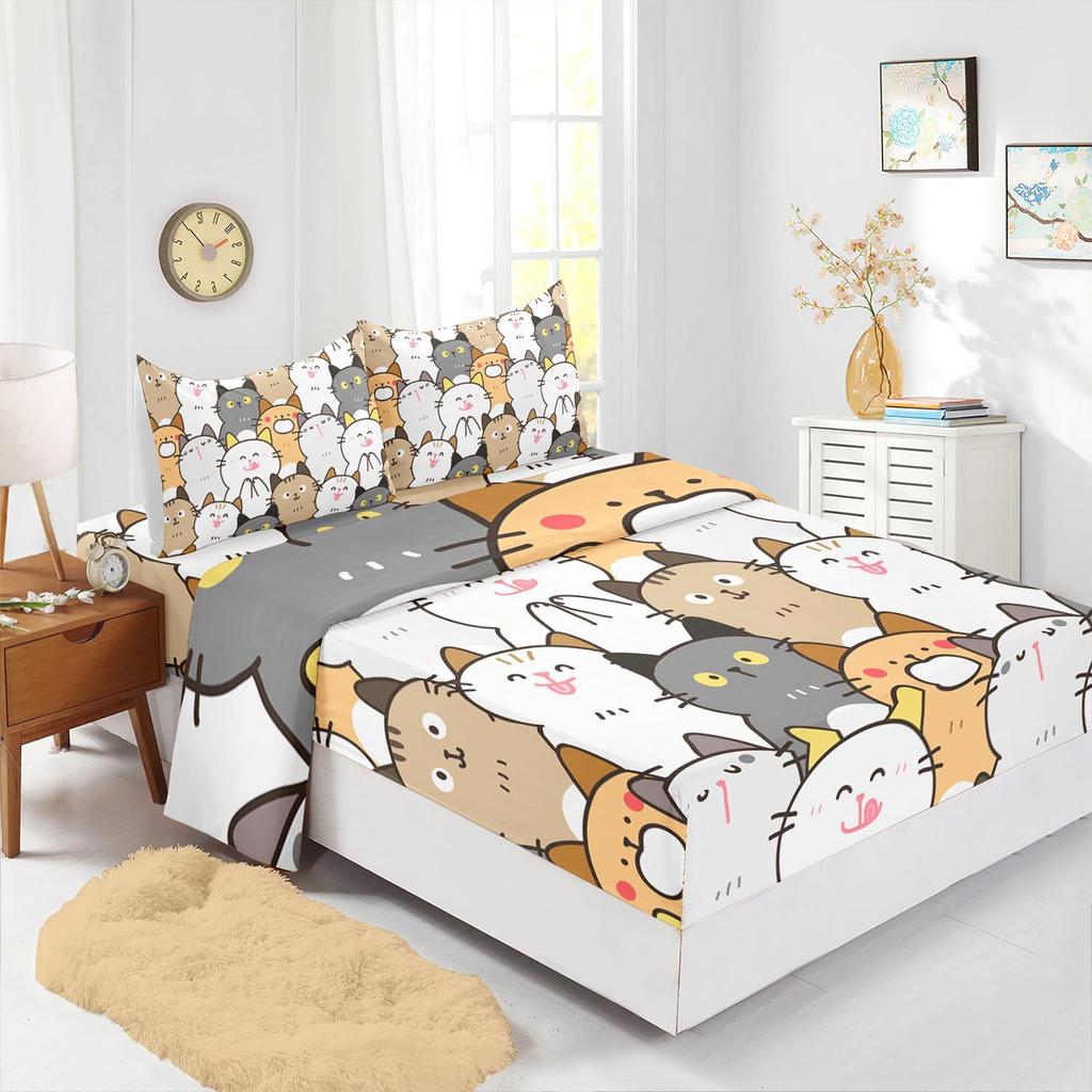 Cute Cartoon Cat Pattern Bed Hat Four-Piece Bedding Set Bedroom Dormitory Bedding Decoration