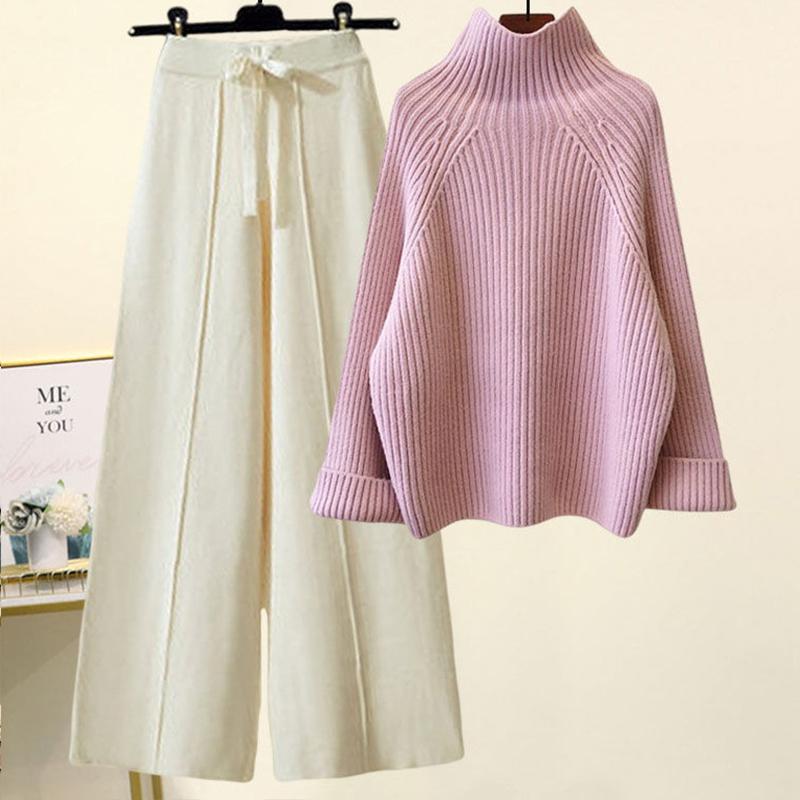 

2 шт./комплект осенне-зимний повседневный комплект из двух предметов: пальто, брюки, водолазка с длинным рукавом, вязаный свитер и свободные брюки, женская повседневная теплая верхняя одежда XXXXXL розовый