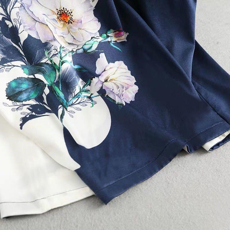 New Women Silk Satin Blouses Plus Size Batwing Sleeve Vintage Print Floral Blouse Ladies Casual Short Sleeve Tops