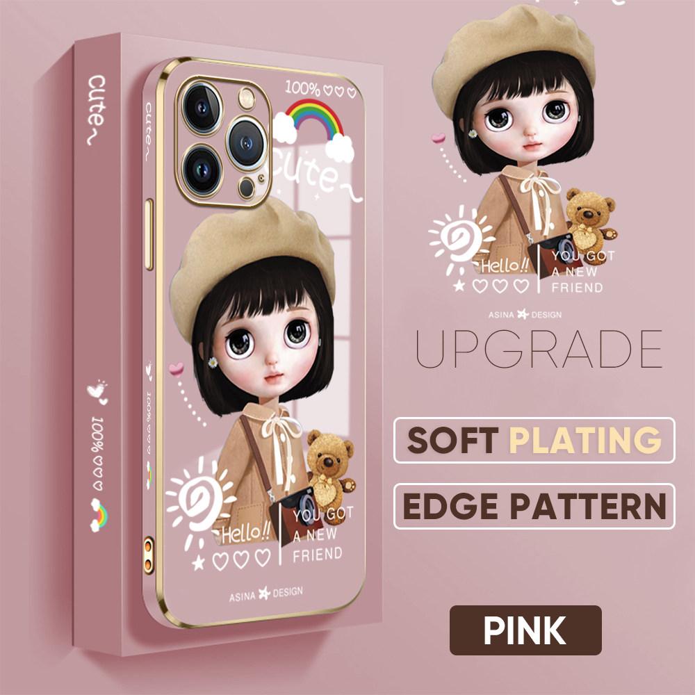 For iPhone 16 15 Max Samsung S24 S23 Plus A15 A35 A53 A73 Xiaomi 11T 12T 13T Redmi 13C Cute Girl Pattern Soft Plated TPU Shockproof Phone Case
