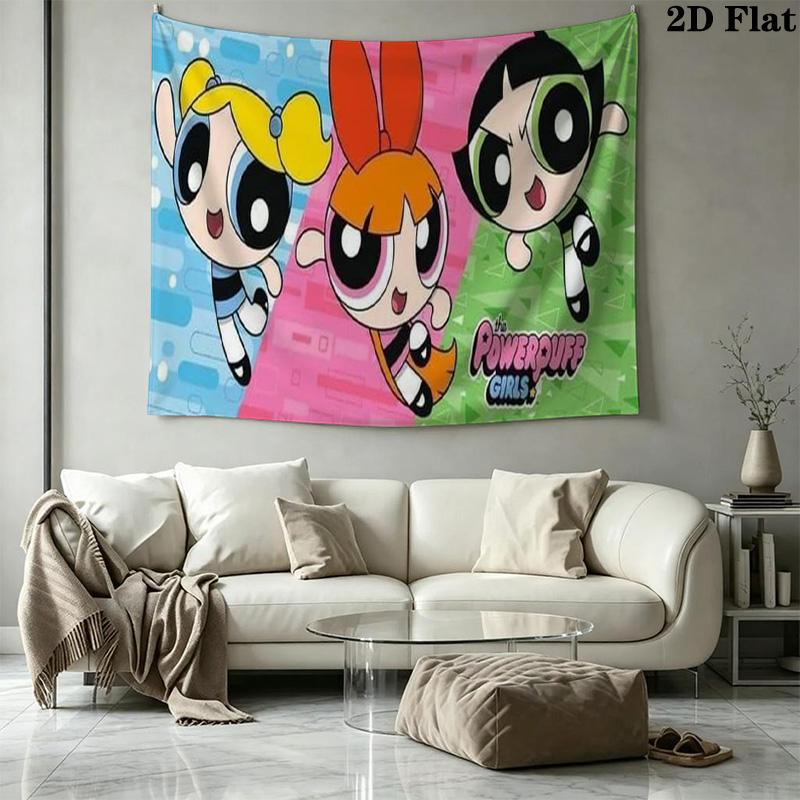 Cartoon Powerpuff Wall Tapestry Aesthetic Wall Hanging Printed Fabric Blanket Decorative Tapestries for Bedroom Living Room Home Decor