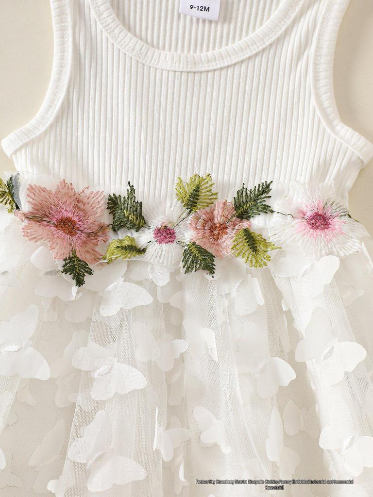 Bezrukávové šaty pre batoľatá dievčatá s kvetinovým patchworkom, sieťovanou sukňou s motýľmi a čelenkou