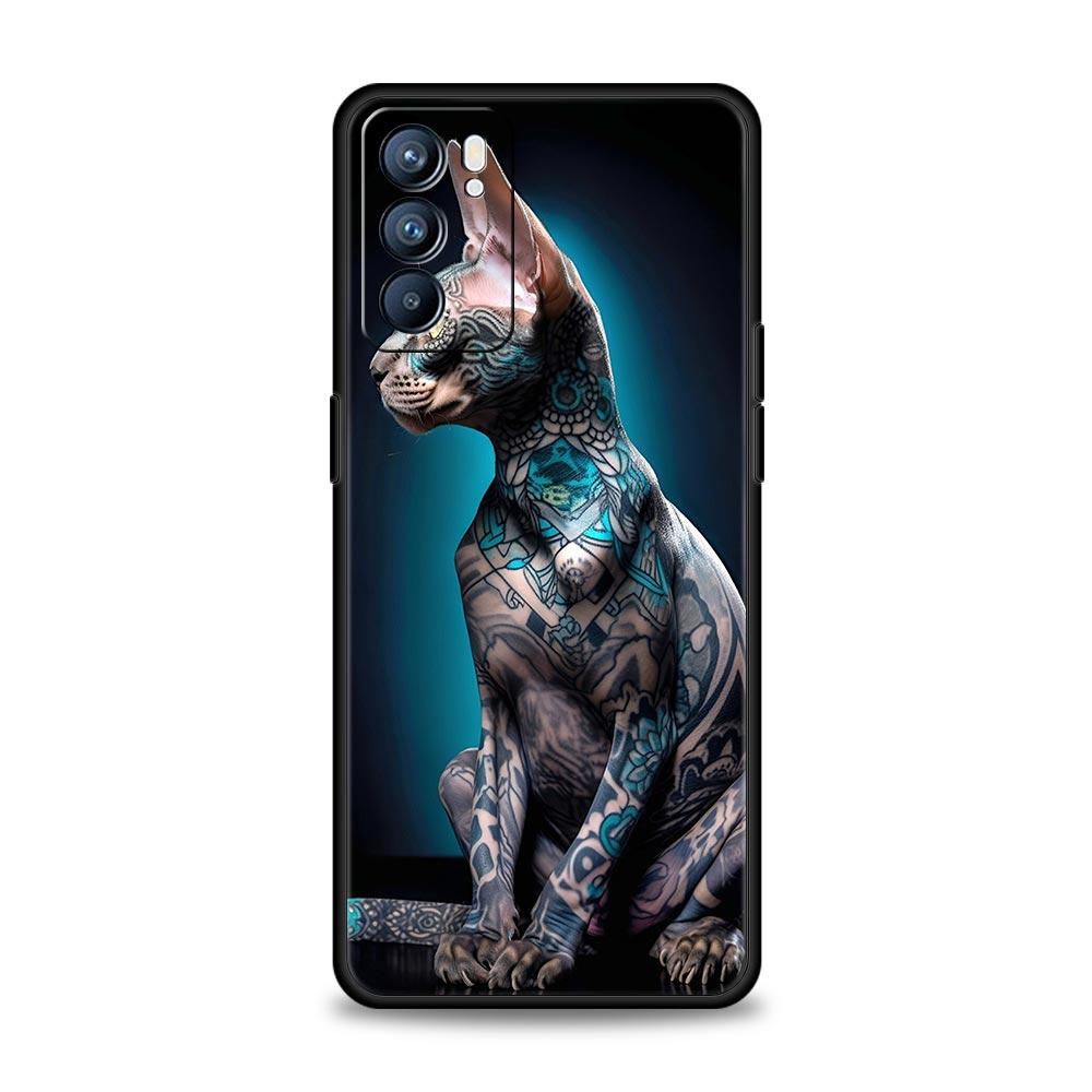 Phone Case Cover For Oppo A17 A31 A54 A57 A78 A79 Find X5 X6 Reno 7 8 10 11 12 13 F Pro Soft TPU Shell Animal Cat Tattoo Capas