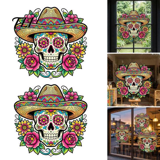 Décoration de Fête Latino-Américaine Autocollant Mural Crâne Fleuri, Décorations Imperméables d'Extérieur pour le Jour des Morts Autocollants pour Vitres, PVC Amovible