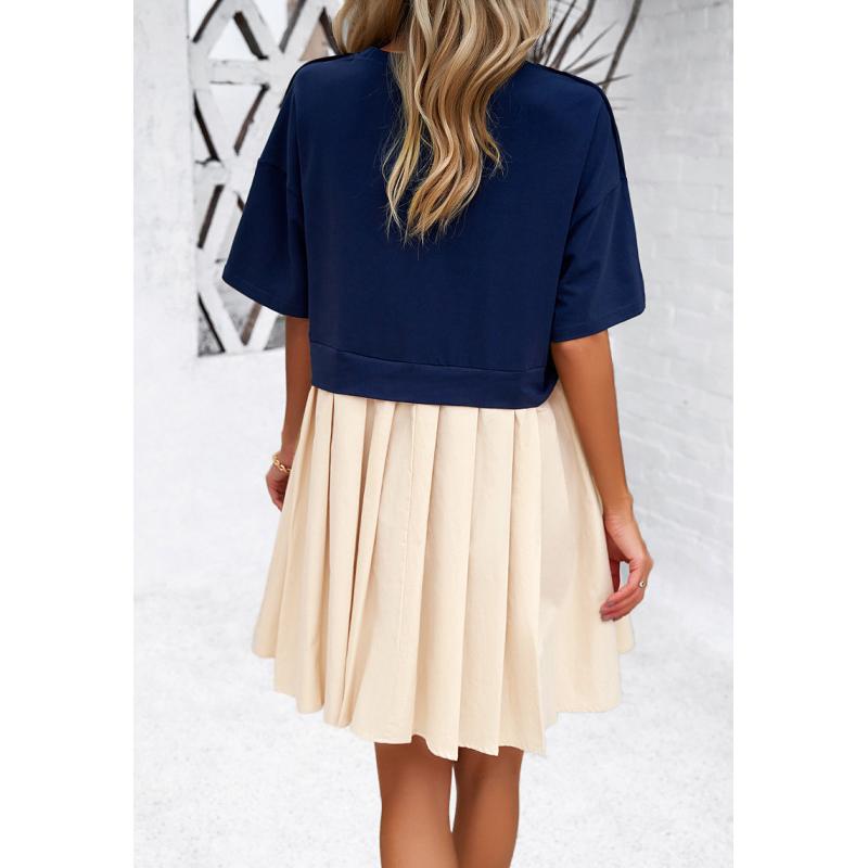 Elegant Short Sleeve Patchwork Dress Spring Summer Midi Dresses for Women