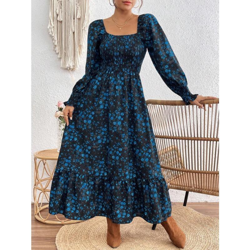 Women's Fashion Print One-line Collar Long-sleeved Dress