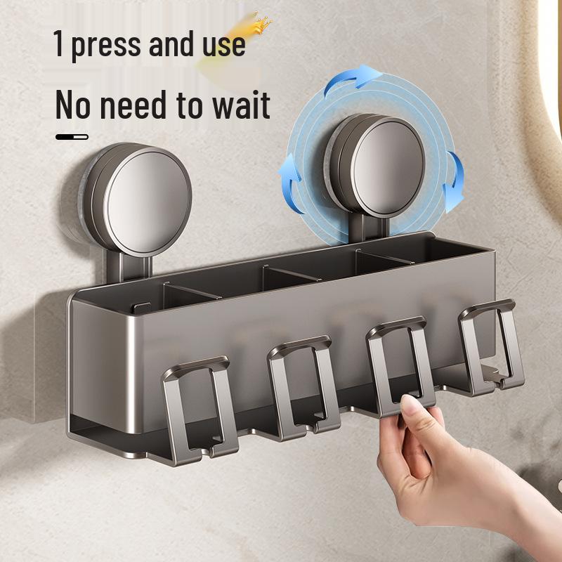 Wall-Mounted Suction Toothbrush & Toothpaste Holder with Aluminum Storage Shelf