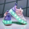 28-36 Pantofi de sport cu plasă cu LED-uri, cu patru roți, de demontare în pantofi de sport plat, pantofi de sport iluminați, pantofi pentru copii
