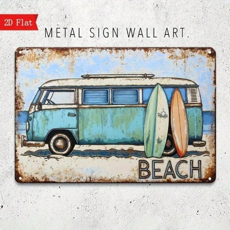 Vintage Surfboard Beach Metal Poster, Rustproof Wall Decor for Living Room