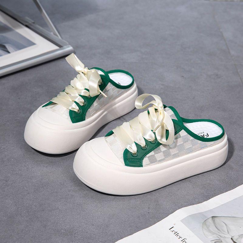 Fashion Height Canvas Slides Round Toe Women's Mules Slippers and Ladies Sandals Outside Shoes Designer Luxury Comfortable Elegan Shoe